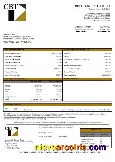 Chad Commercial Bank of Tchad bank mortgage statement